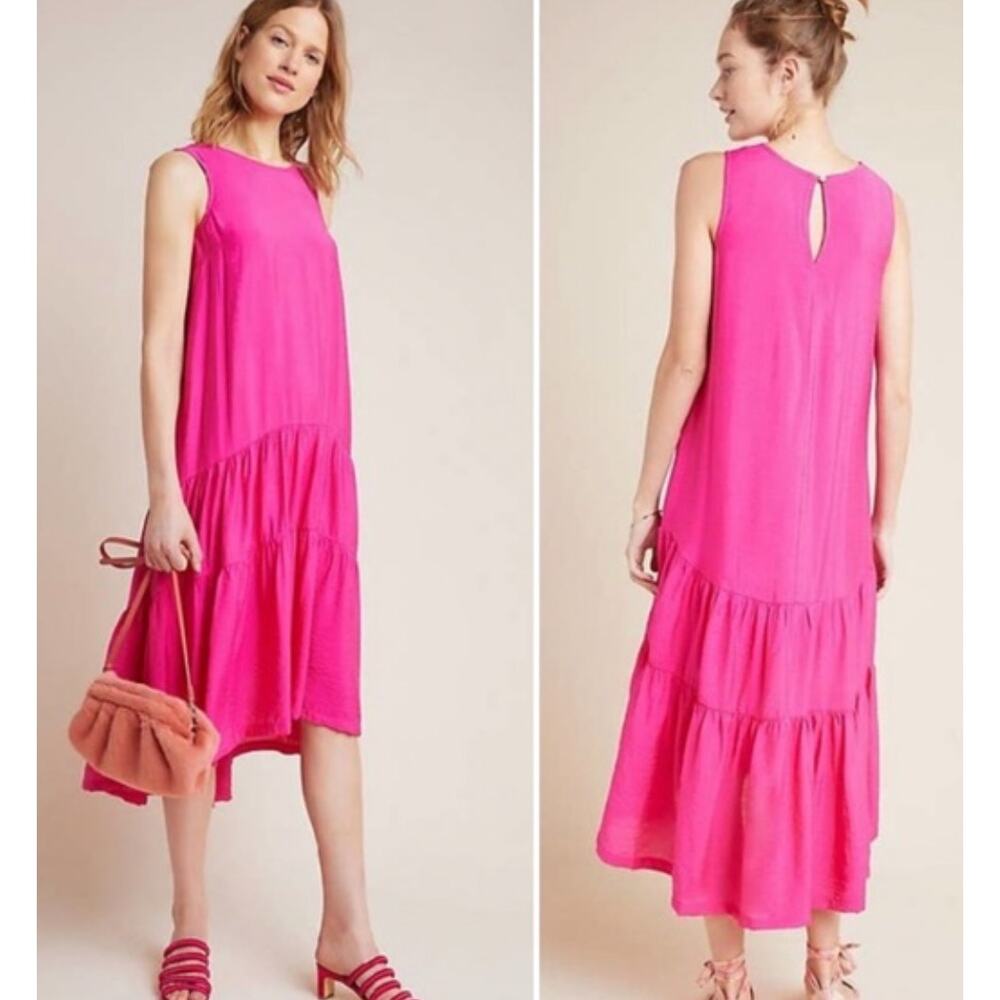 Anthropologie Maeve Marlene Tiered High Low Dress Pink Medium Petite